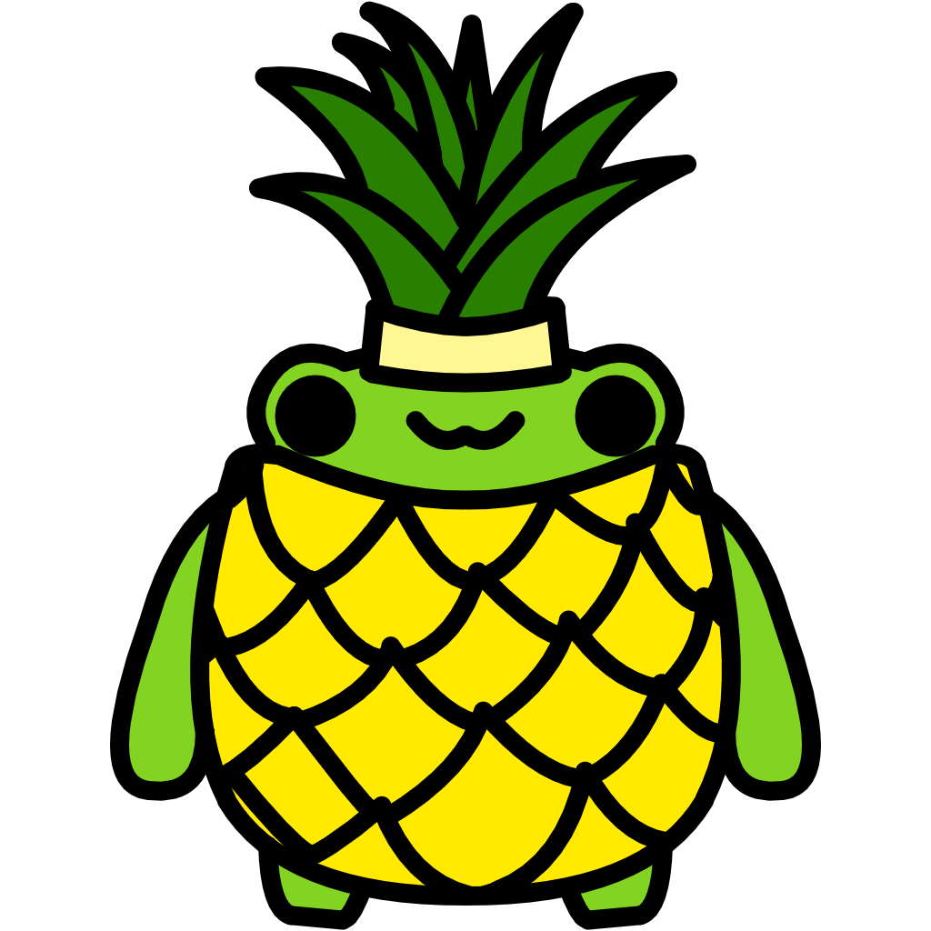 A round cartoon frog in a pineapple